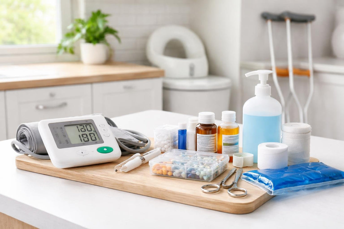 Home medical supplies and recovery equipment laid out