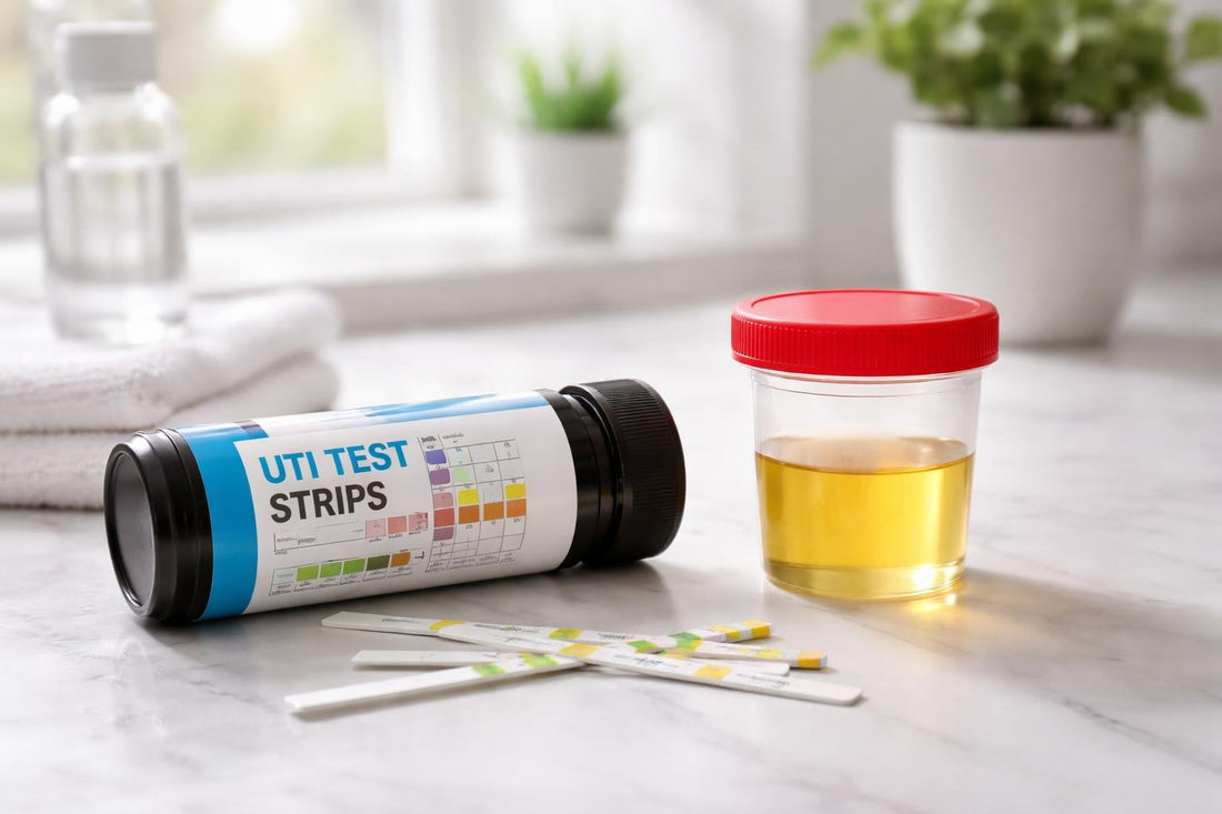 Home UTI test strips beside urine sample cup in Ontario