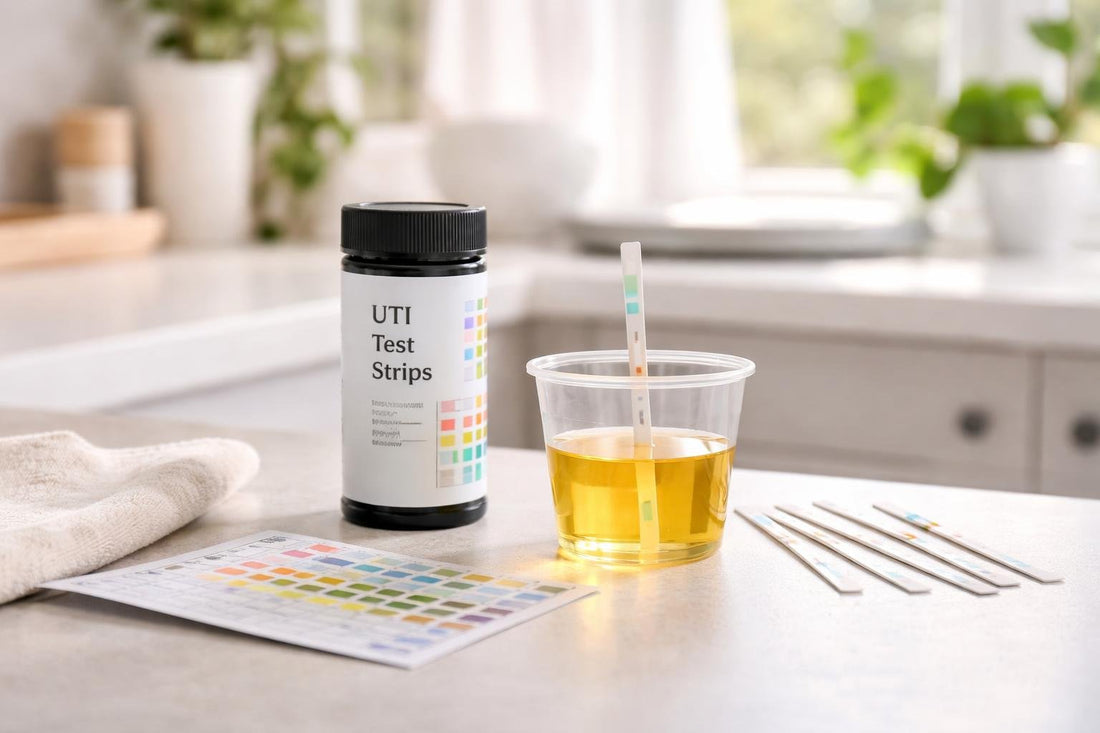 Home UTI test strips with urine sample and colour chart