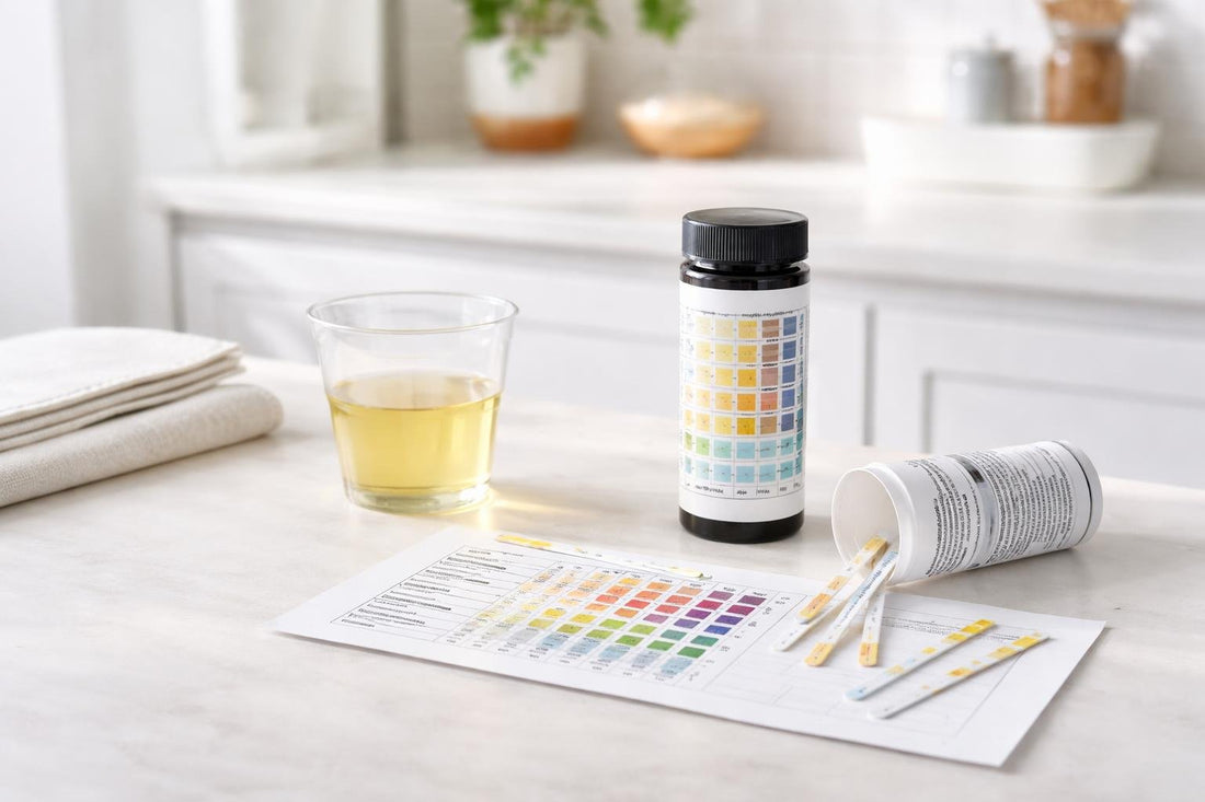 At-home UTI test strips and colour chart on table