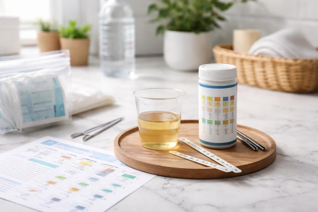 Home UTI test strips laid out with instructions