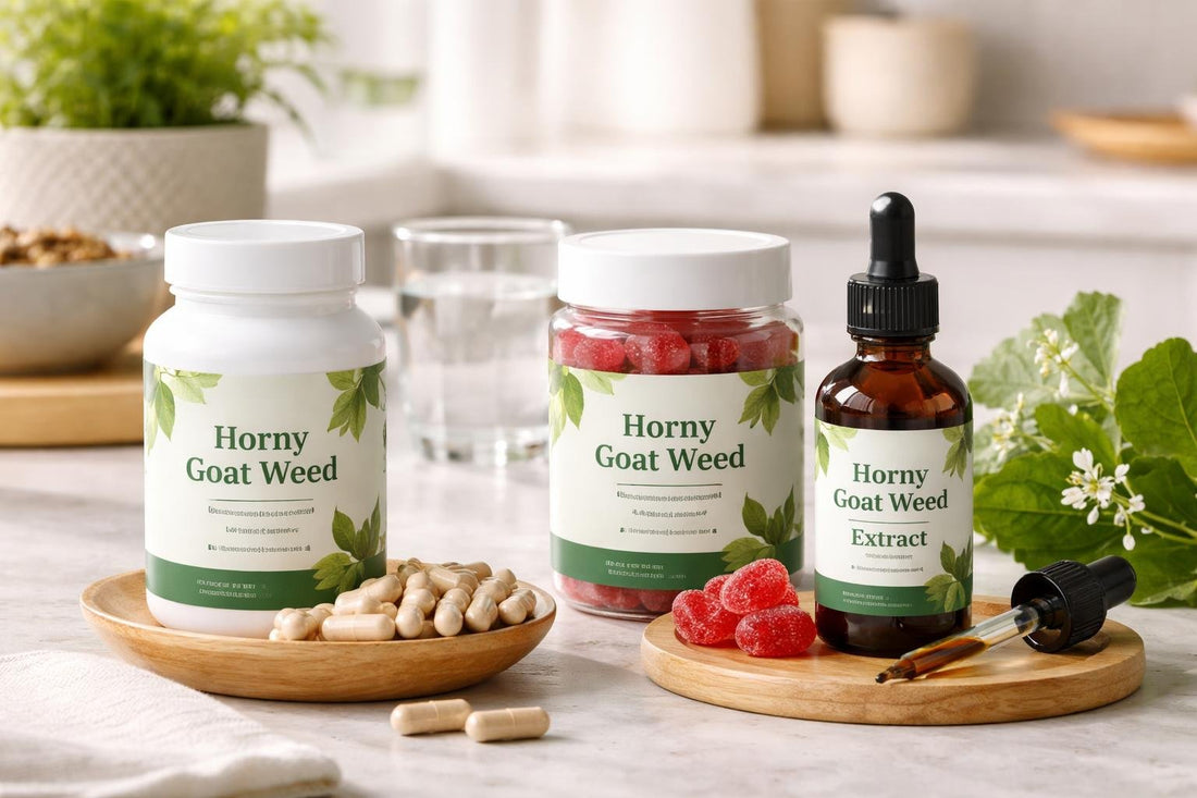 Horny goat weed capsules gummies and tincture bottles on table