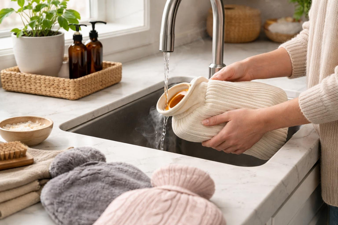 Hot water bottle being filled safely at kitchen sink
