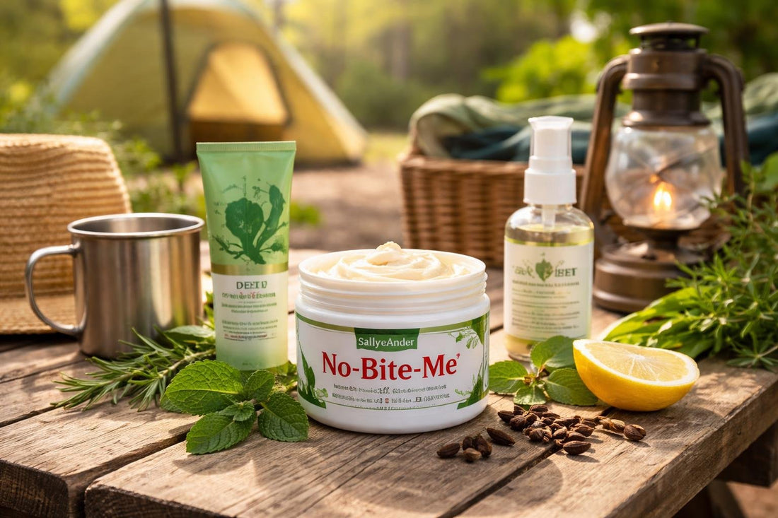 Insect repellent body moisturizer on campsite table