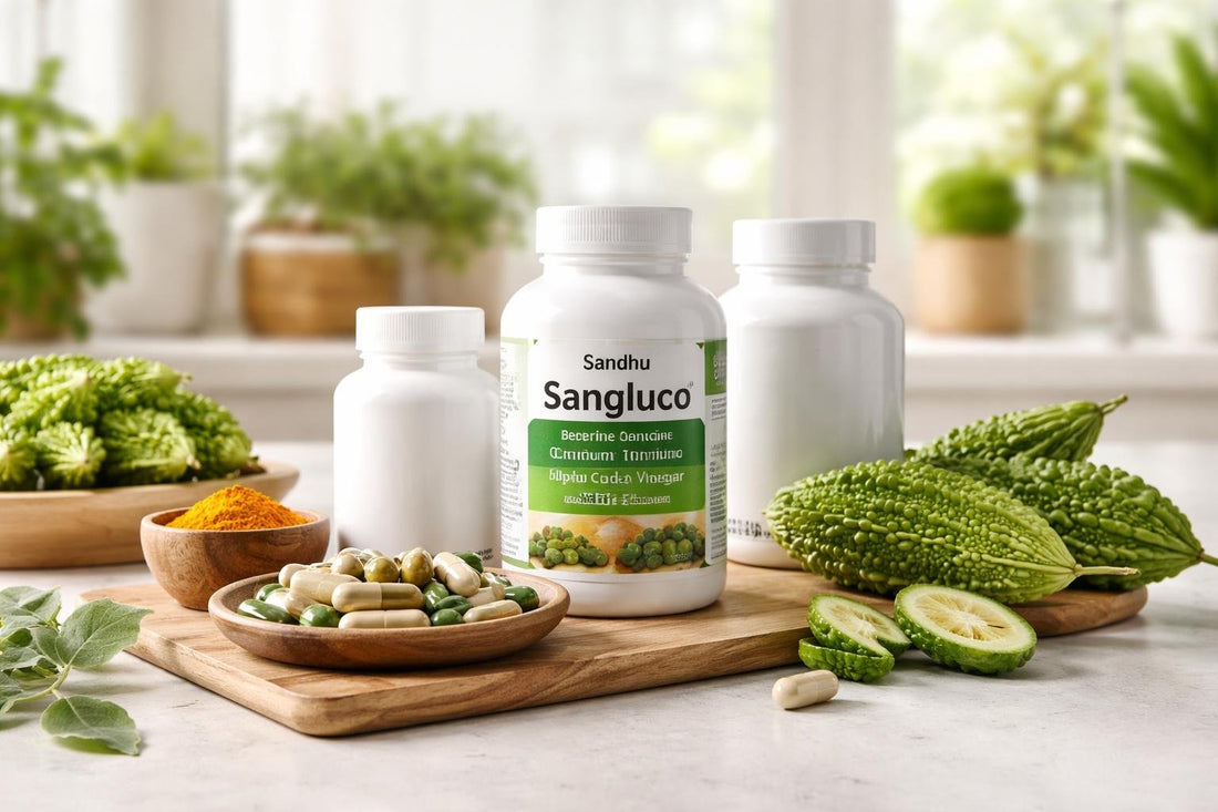 Karela supplement bottles and capsules display