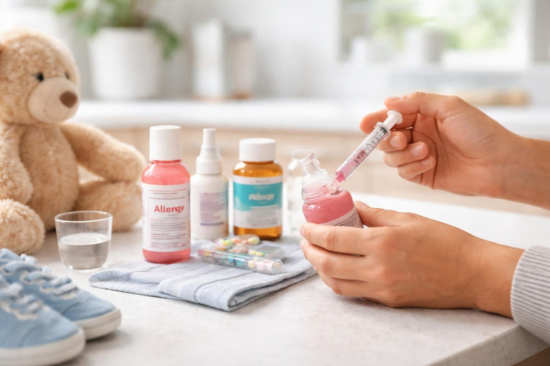 Parent measuring children’s allergy medicine dose with oral syringe