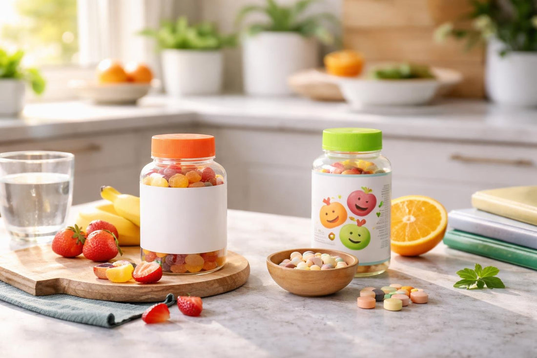 Kids gummy vs chewable vitamins on a Canadian kitchen counter
