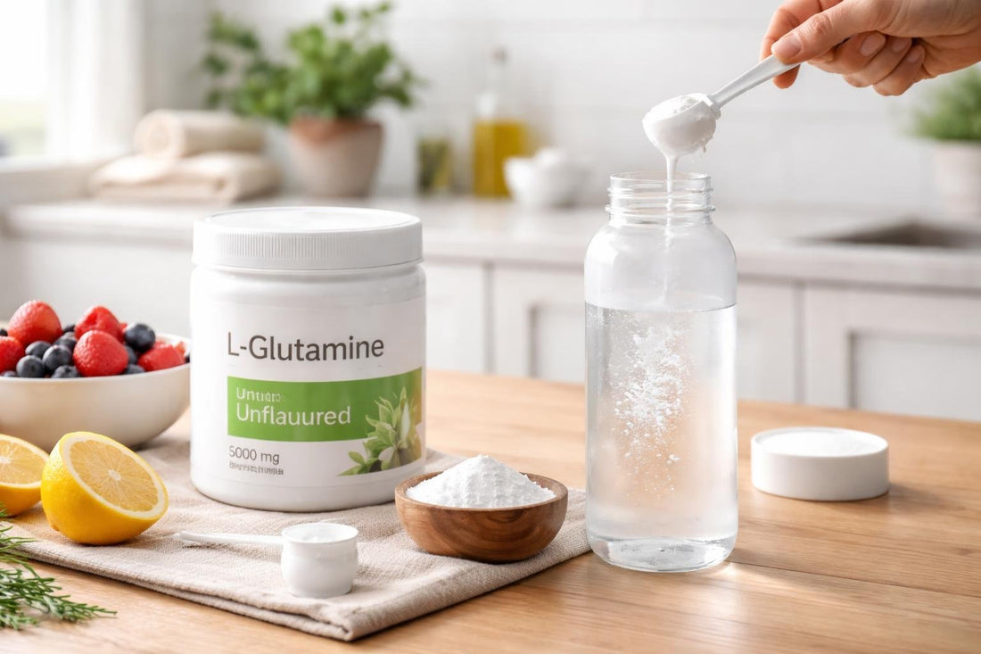 Unflavoured L-glutamine powder mixed in water bottle