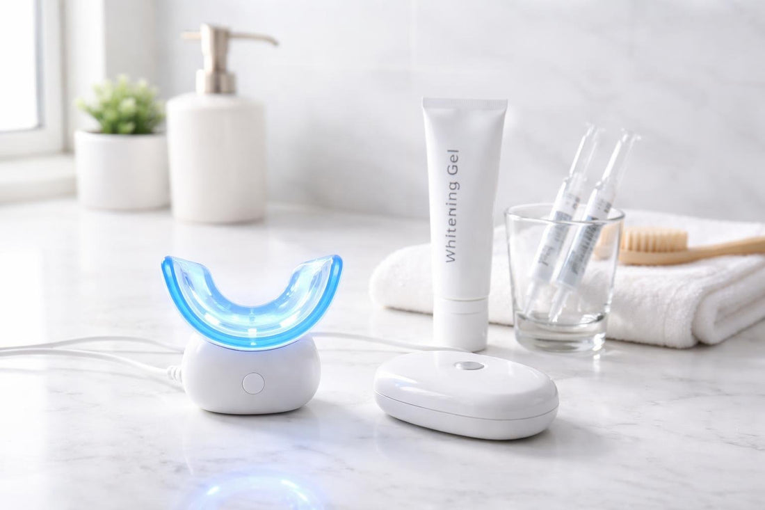 LED teeth whitening accelerator light kit on bathroom counter