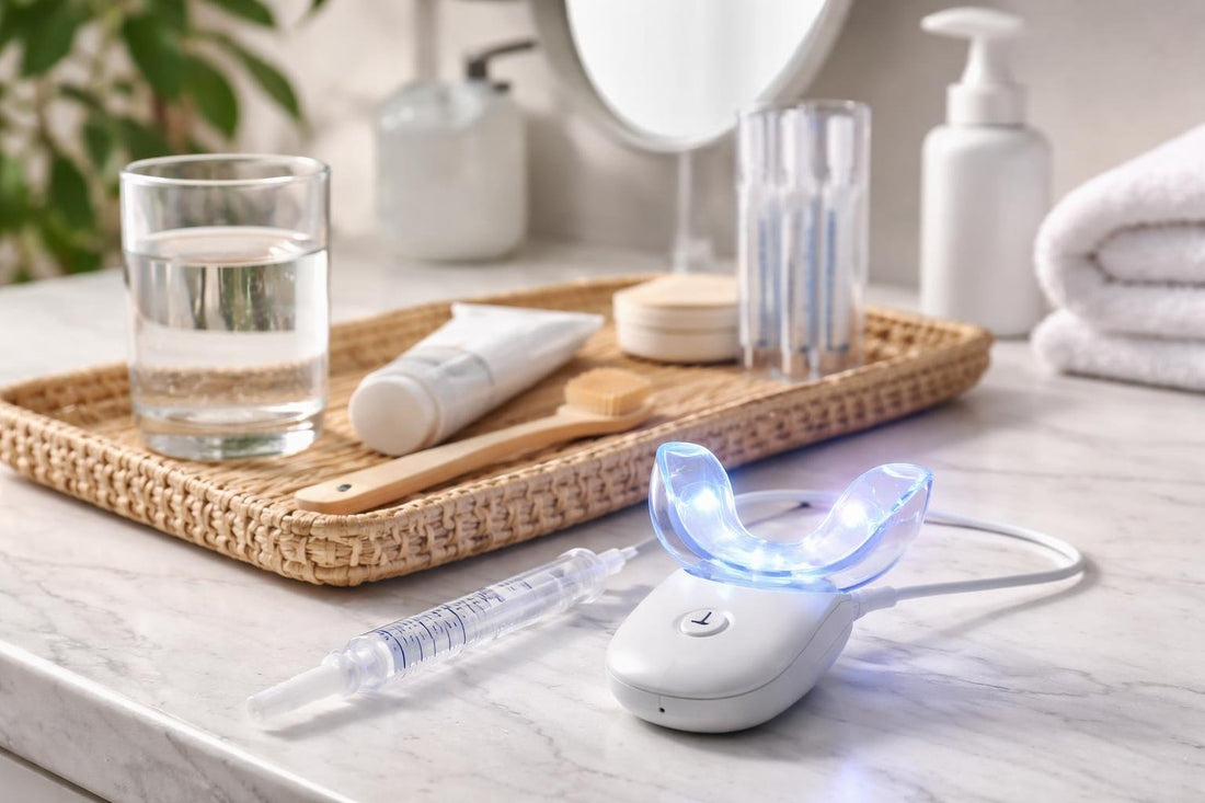 LED teeth whitening light on bathroom counter