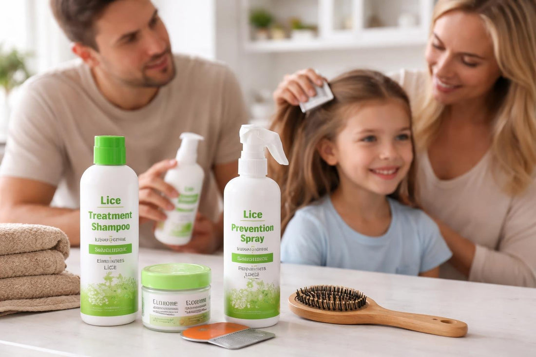 Family using lice prevention spray and comb