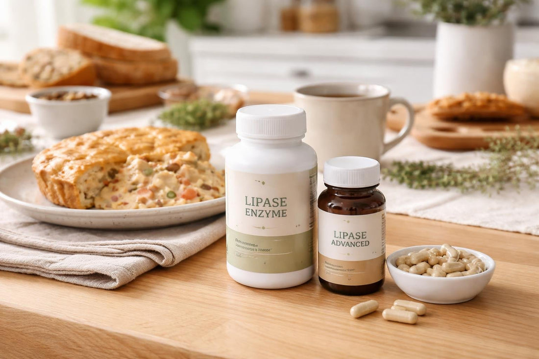 Lipase enzyme capsules beside winter comfort meal plate
