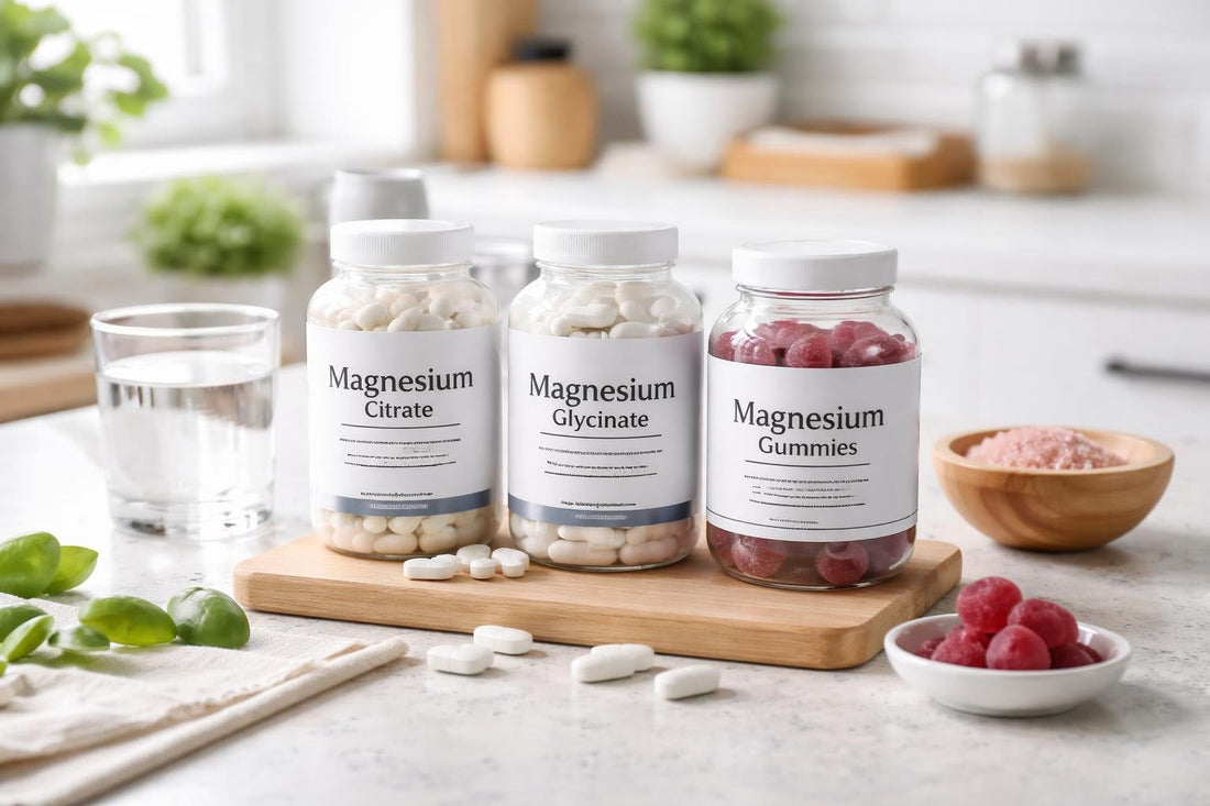 Magnesium supplement bottles, capsules and gummies for cramps