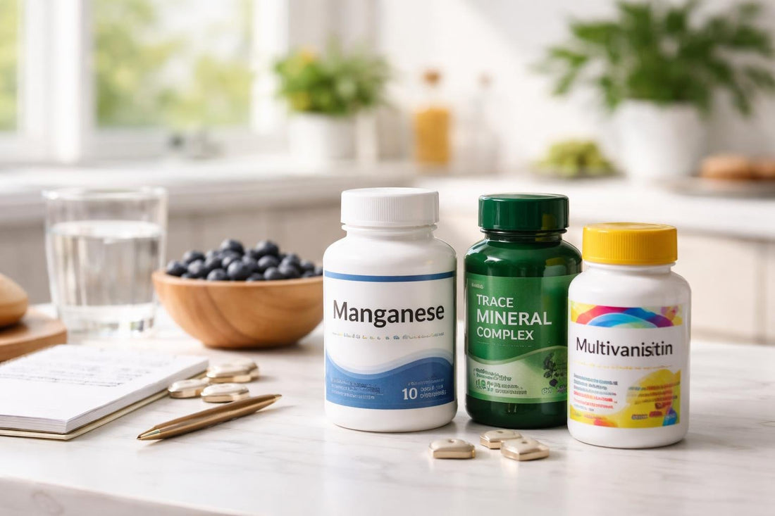 Bottles of manganese supplements and notes on table