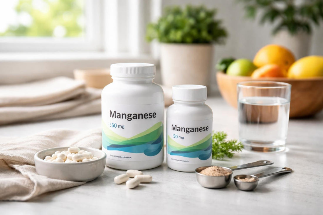 Manganese supplements bottles and measuring spoons