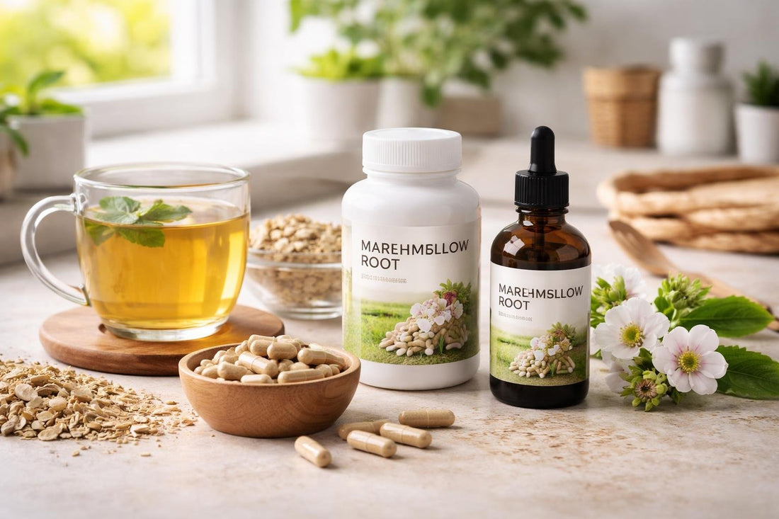 Marshmallow root tea, capsules, and tincture on a table