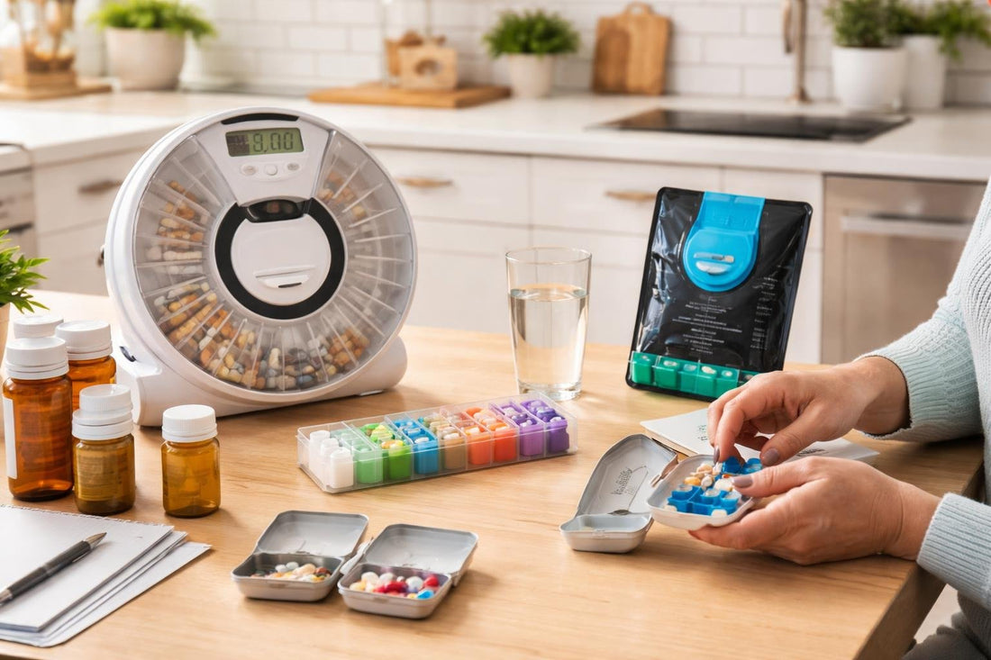 Caregiver using pill organizer and automatic dispenser