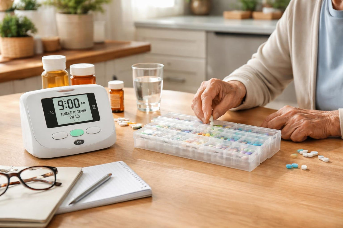 Senior using pill organizer and reminder device