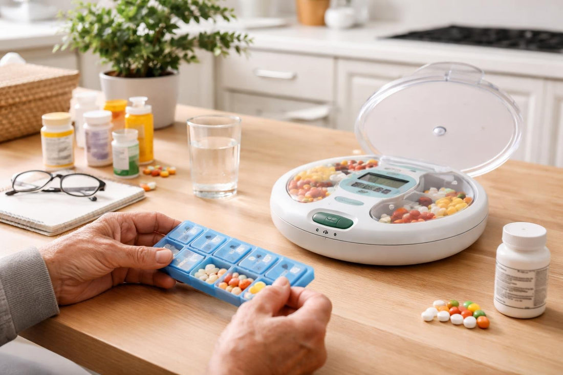 senior using pill organizer and automatic dispenser