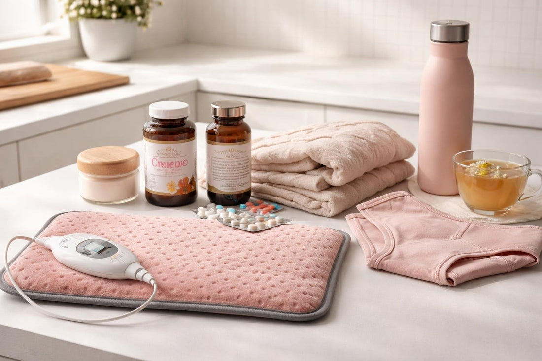 Assorted menstrual pain relief essentials with heat pad