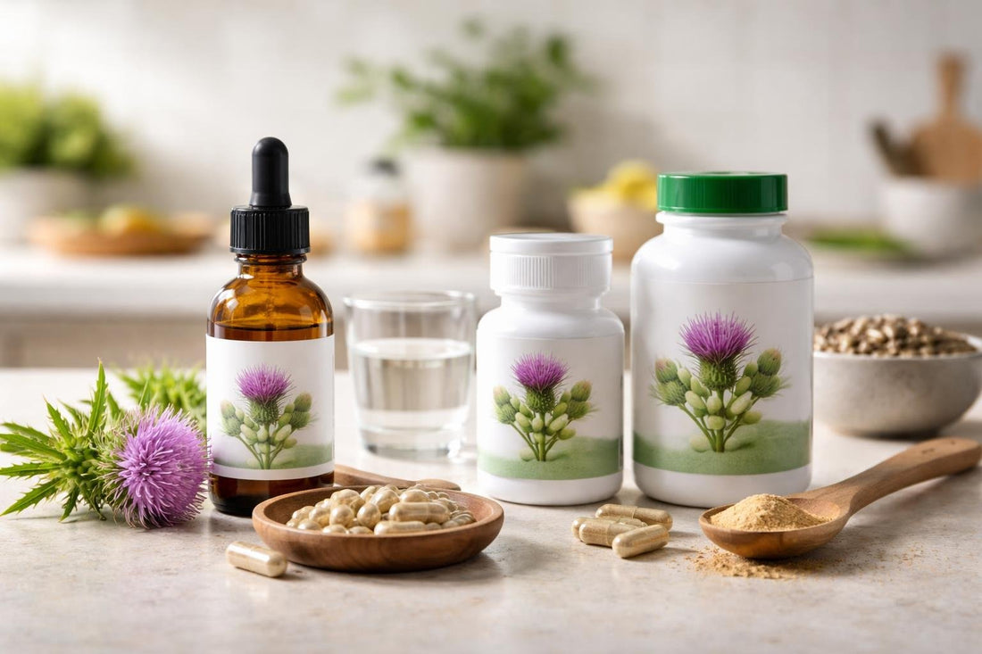 Milk thistle capsules and herbal tincture on a countertop