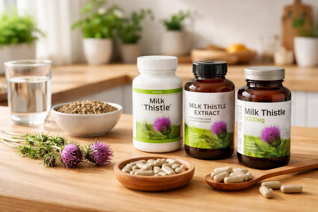 Milk thistle supplement bottles and capsules on wood surface