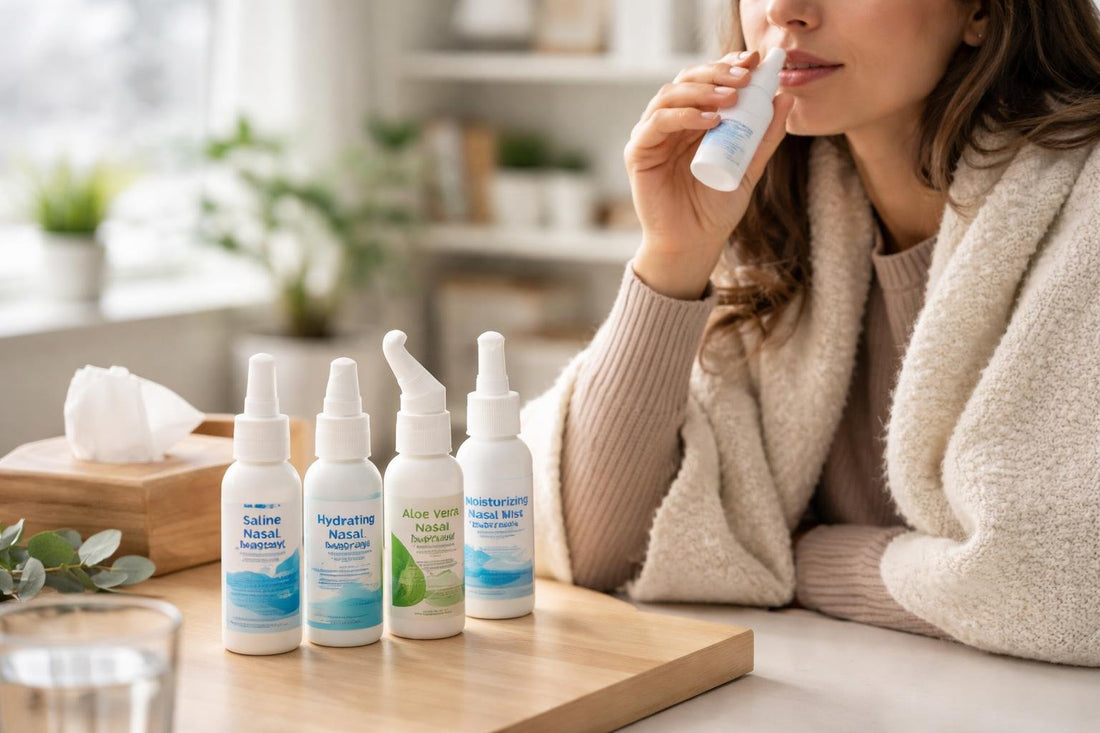 person using moisturizing nasal spray at home in winter