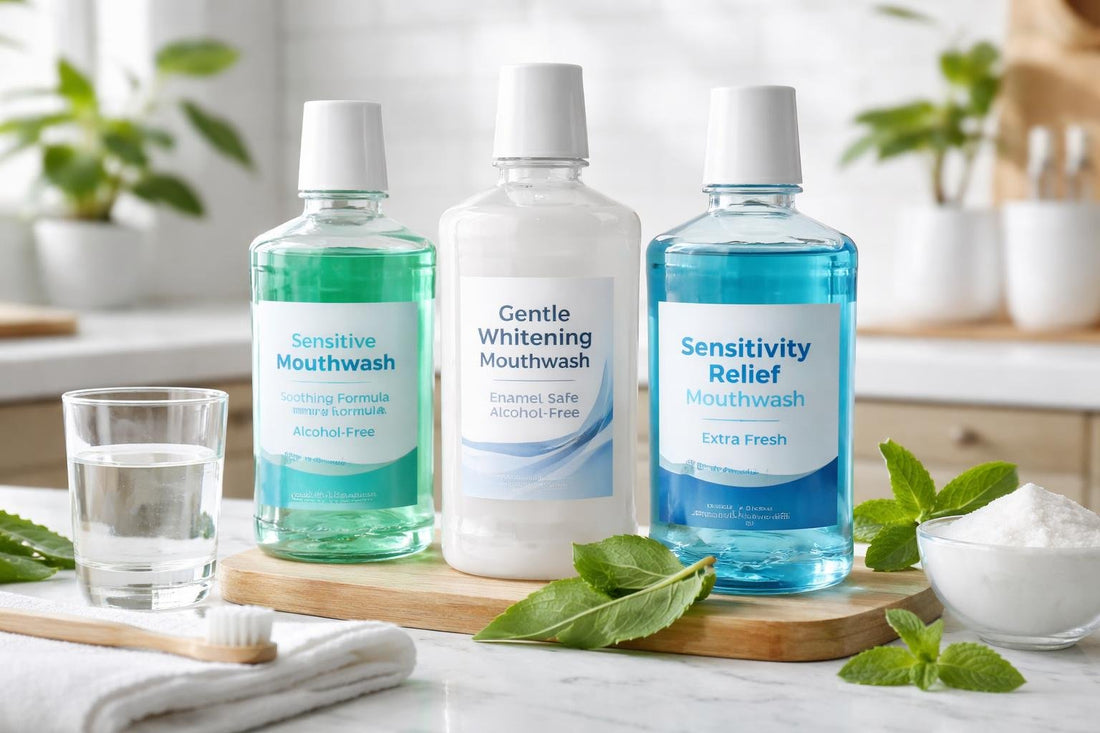 mouthwash bottles and sensitivity-focused ingredients