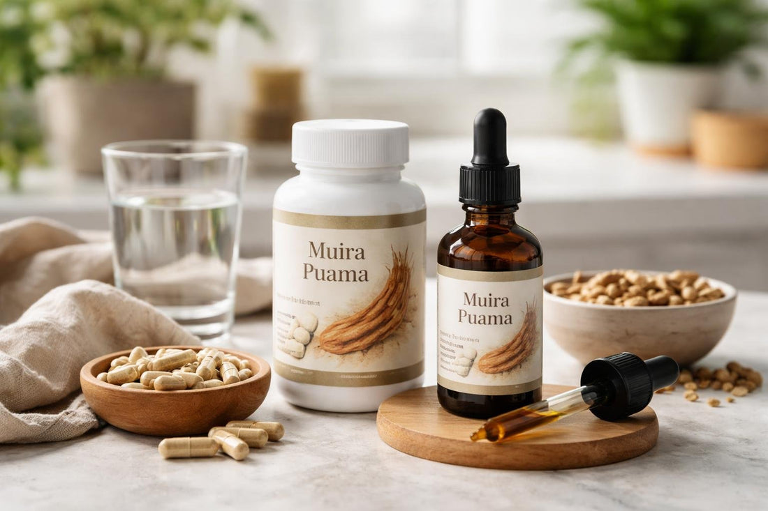 Muira puama capsules and tincture dropper on a table
