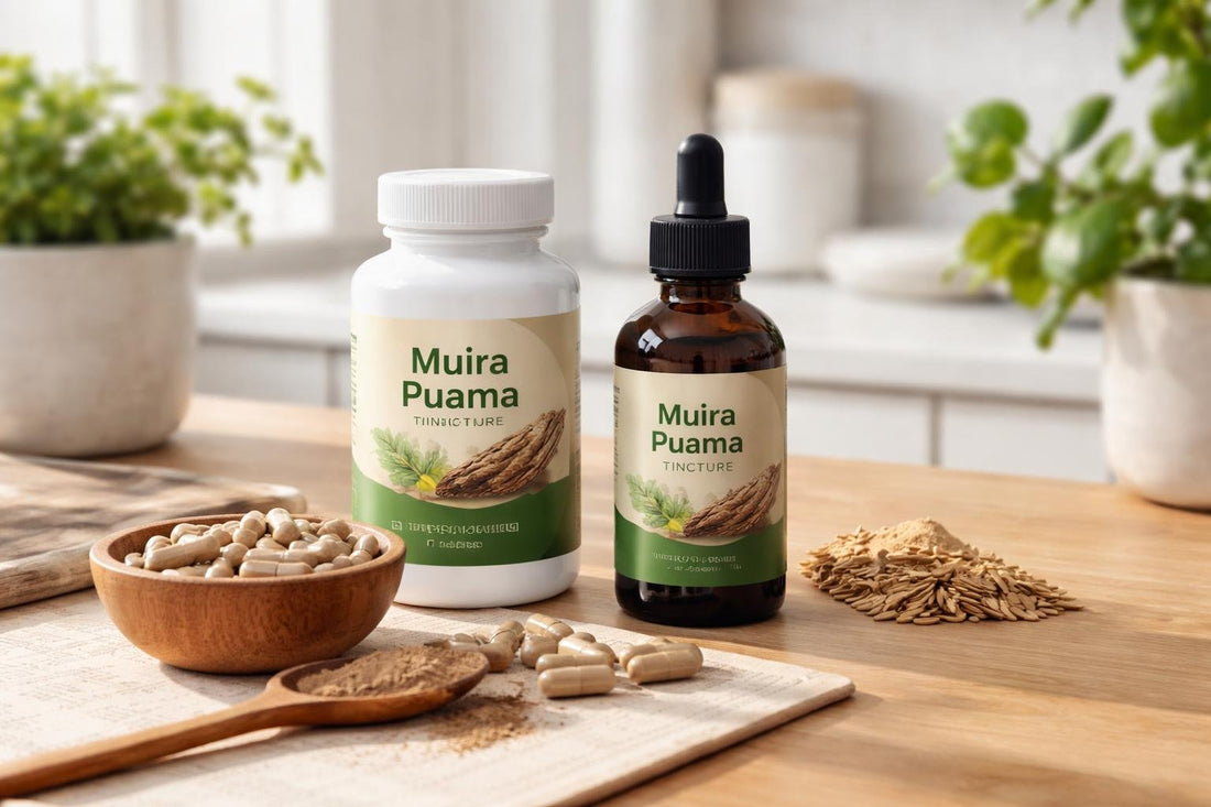 Muira Puama supplement capsules and tincture on wooden table