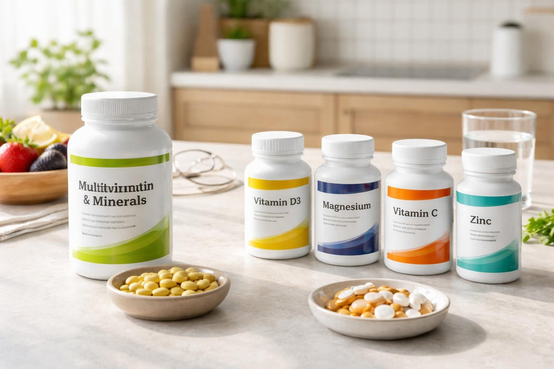 bottles of multivitamins and single supplements on table