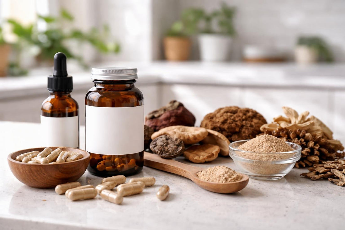 Capsules and powder medicinal mushroom supplements on kitchen counter