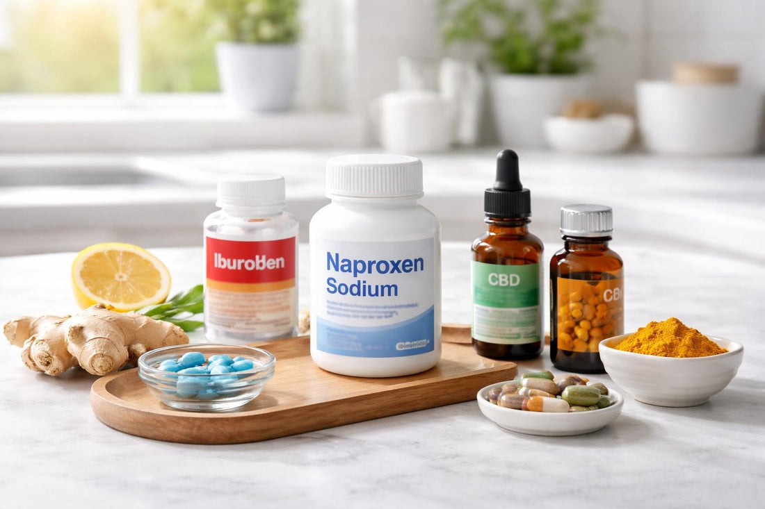 Naproxen tablets and alternative remedies on table