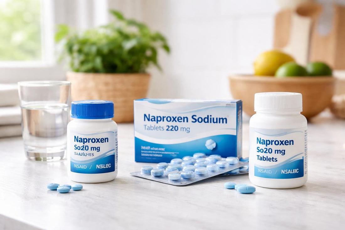Naproxen sodium tablets and packaging on table