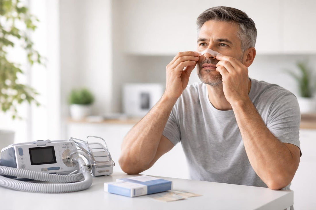 CPAP user applying nasal strip for better nasal airflow