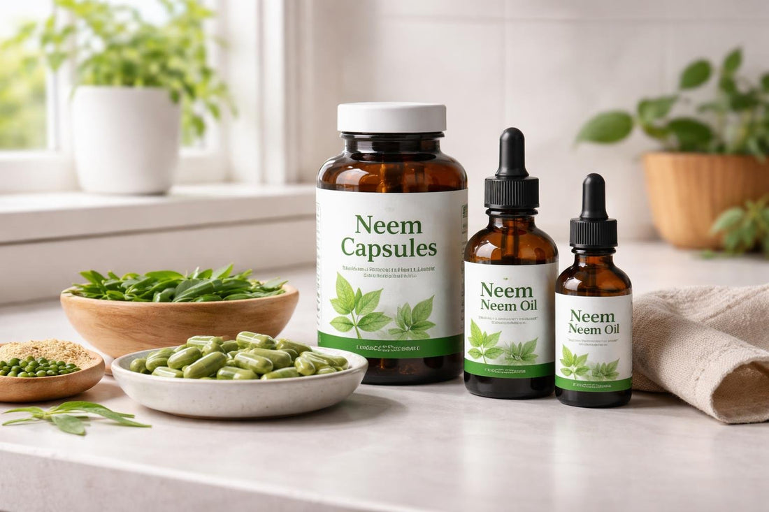 bottles of neem oil and neem capsules on shelf