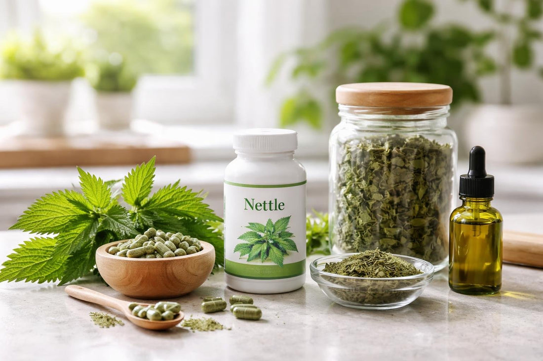 Nettle herbal supplements and dried nettle leaf in jar