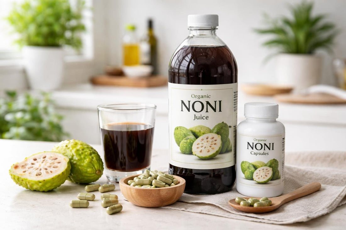 bottles of noni juice and supplement capsules