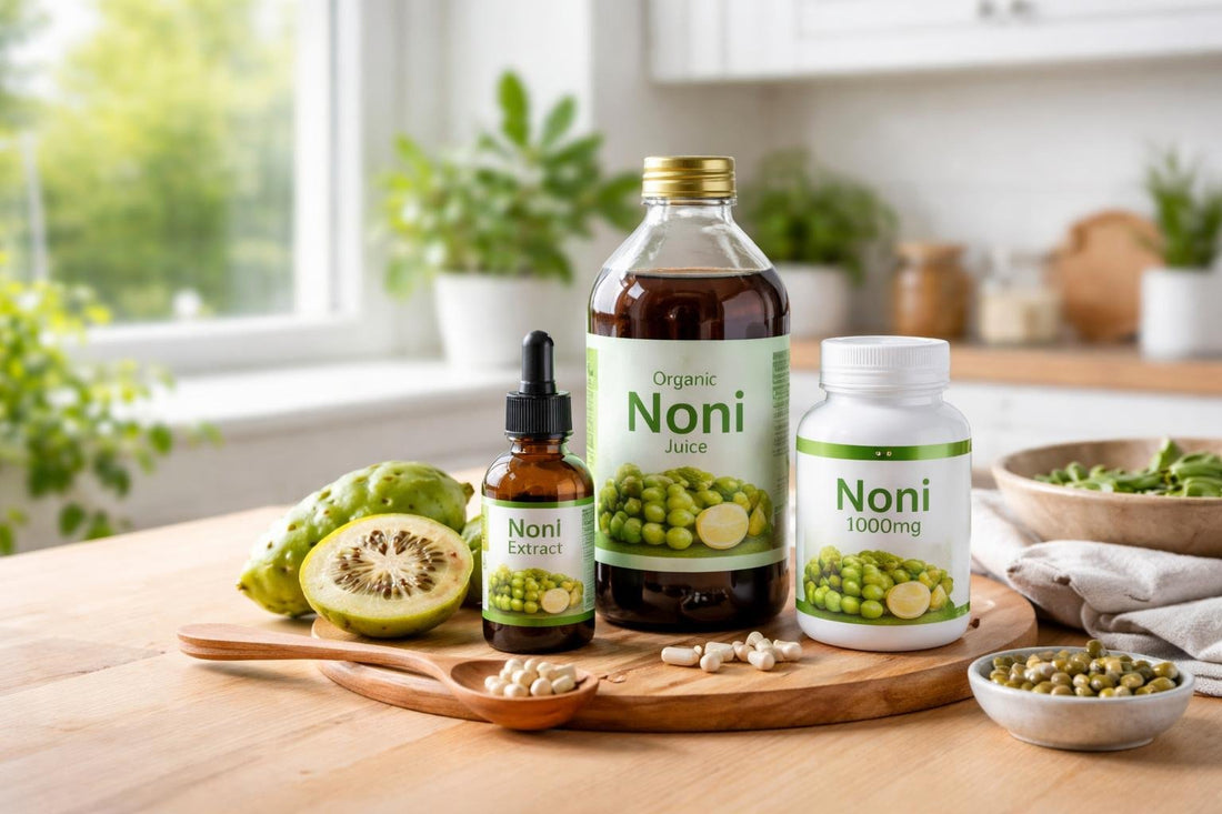 Bottles of noni herbal supplements on wooden table