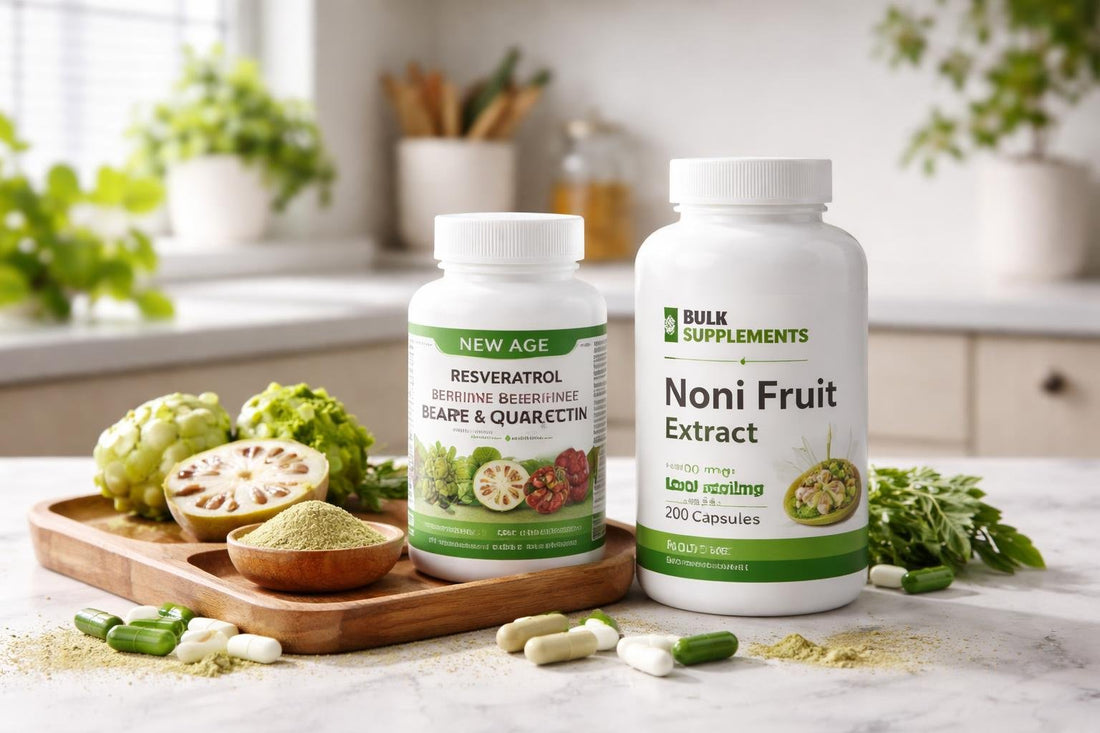 Noni herbal supplements bottles and powder display