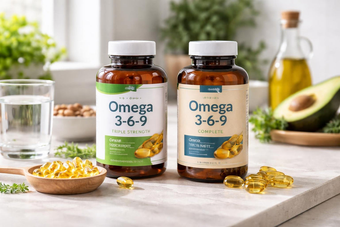 Bottles of omega 3 6 9 oil supplements on table