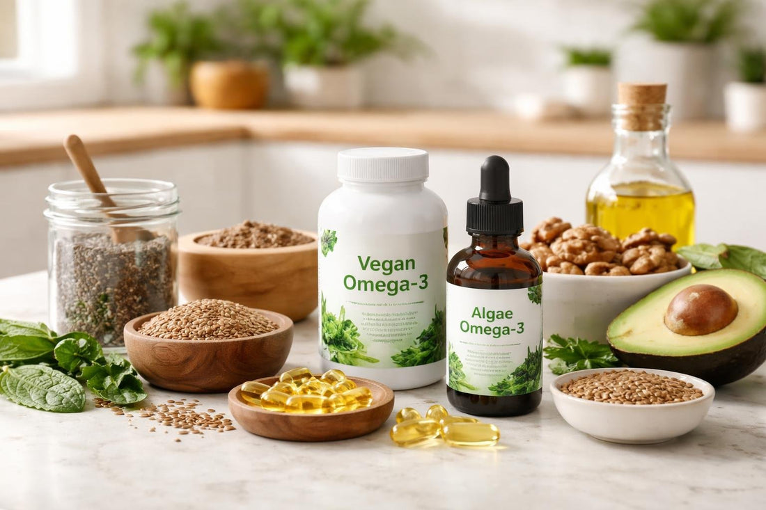 vegan omega-3 supplements and plant sources on table