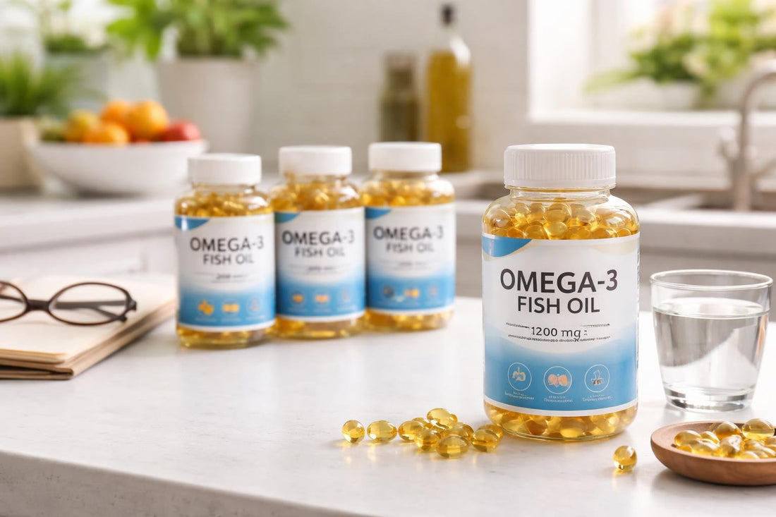 Senior reviewing omega-3 fish oil softgels bottle