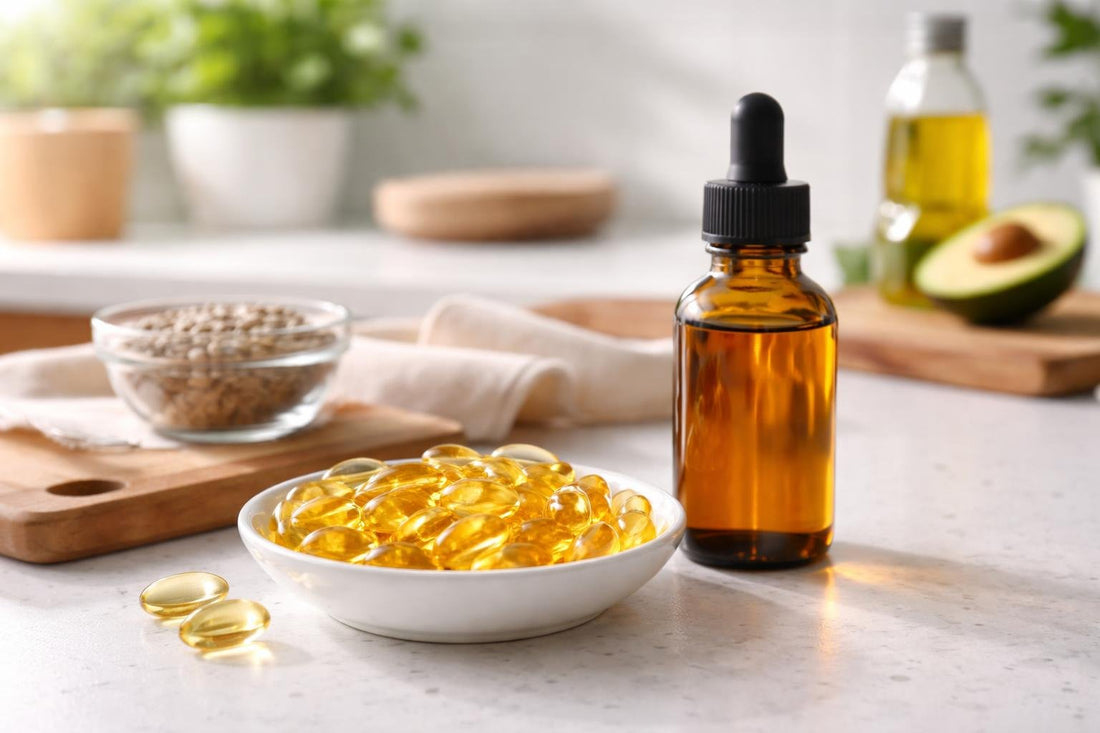 Omega-6 oil capsules and liquid bottle on kitchen counter