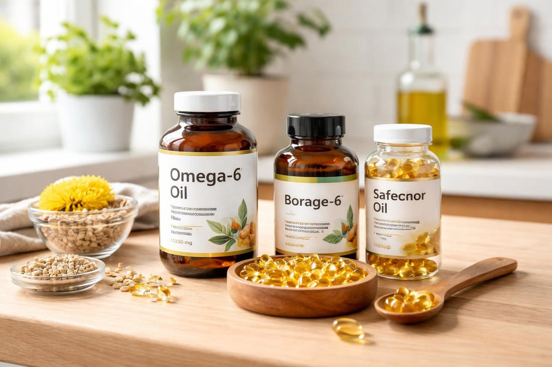 bottles of omega-6 oil supplements on wood surface