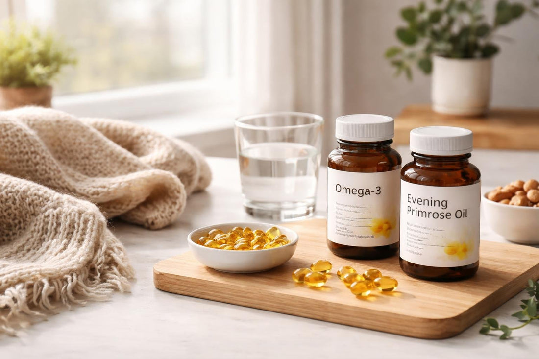 Omega-3 and omega-6 capsules beside winter scarf
