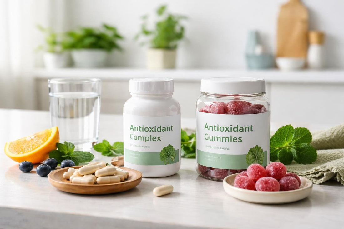 Capsules and gummies antioxidant combination supplements on a table