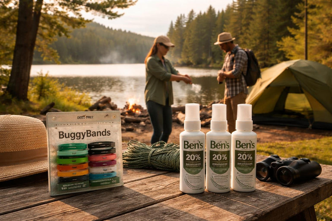 Campers applying insect repellent near Ontario lake