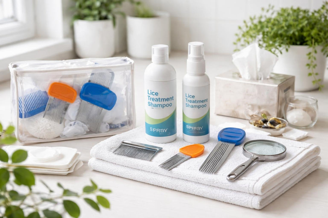 Family lice treatment kit items laid out for home use