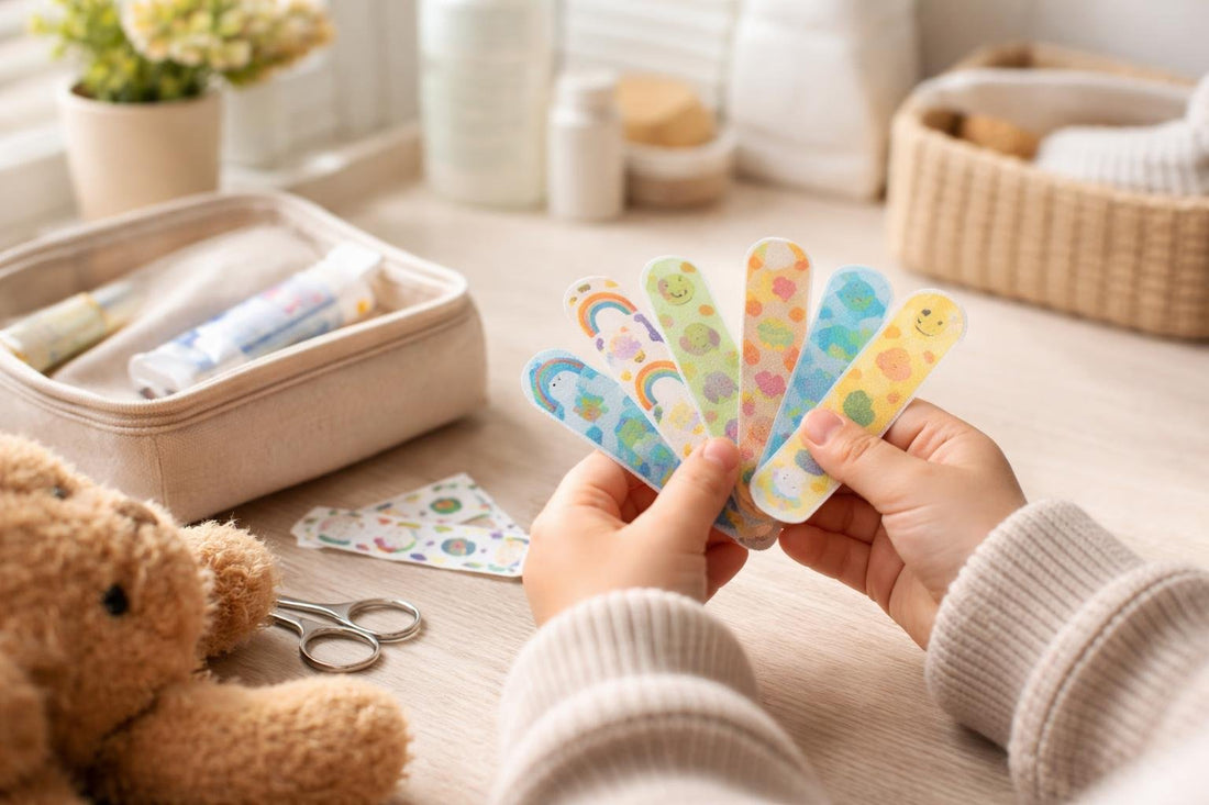 Child holding colourful adhesive bandages for daycare scrapes